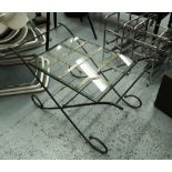 OCCASIONAL TABLE, with glass top on a decorative metal frame, 87cm x 48cm x 51cm H.
