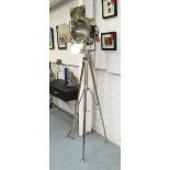 STUDIO LAMP in chrome metal on an extendable chromed metal tripod support, 180cm H.