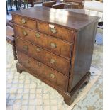 CHEST, early 18th century English Queen Anne figured walnut with two short and three long drawers,