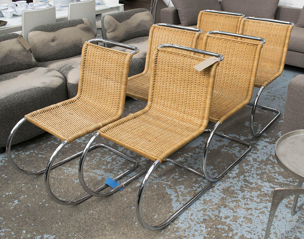 CANED CHAIRS, a set of six, after Mies van de Rohe, tubular metal.