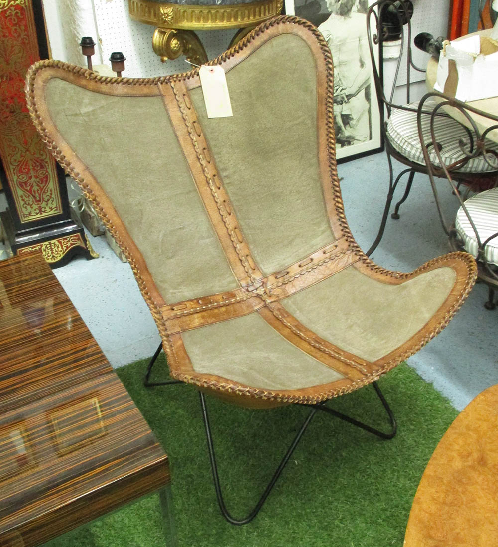 BUTTERFLY CHAIR, leather and canvas, 76cm W.