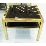 OCCASIONAL TABLE, with black glass top and undershelf in a brass effect metal frame,