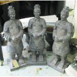 TERRACOTTA ARMY FIGURES, a set of three, resin in black basalt finish, 95cm H.