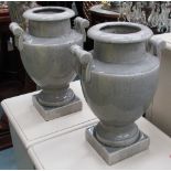 VASES, a pair, Greek style in ceramic with a grey glaze, 38cm H.