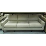 SOFA, three seater, in light grey upholstery on black splayed legs, 220cm x 95cm x 90cm H.