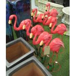 FLAMINGOS, eight, garden ornaments in sheet metal.