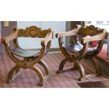 SAVONAROLA CHAIRS, a pair, carved beechwood with brown leather seats, 62cm W.