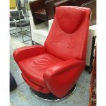 DESIGNER ARMCHAIR, red leather on metal base, 76cm W x 104cm H x 76cm.