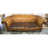 CHESTERFIELD SOFA, in buttoned brown leather, 73cm H x 103cm D x 230cm W.