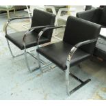 BRNO STYLE CHAIRS, a set of six, after Mies Van Der Rohe, black leather and chrome,