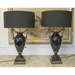 TABLE LAMPS, a pair, marble with gilt mounts and black shades, 83cm H.