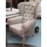 WINGBACK CHAIR, buttoned back with pink piping, 75cm D x 124cm H x 90cm W.
