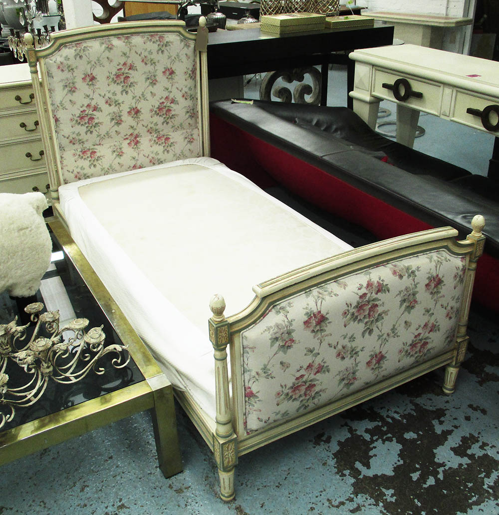 SIMON HORN SINGLE BED, with Benison fabric upholstered head and footboard, 3ft W x 6'3ft L.