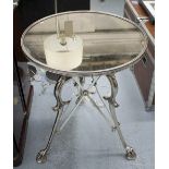 CENTRE TABLE, Empire style, circular mirrored top on chromed metal supports, 61cm diam. x 76cm H.