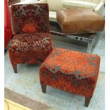 CHAIR AND FOOTSTOOL, with raised auburn scrolling patterned upholstery.