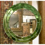 ART DECO WALL MIRROR, early 20th century circular with double green mirror marginal plate border,