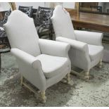 ARMCHAIRS, a pair, grey upholstery and painted supports, 77cm W x 112cm H x 73cm D.