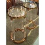 OCCASIONAL TABLES, a pair, gold coloured with a circular lucite top and supports,