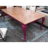 DINING TABLE, Rectangular with marquetry wooden top on a painted frame. 245cm x 115cm x 78cm high.