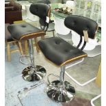 BAR STOOLS, a pair, chrome wood and black weatherette Charles Eames style.