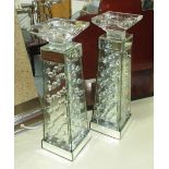 TABLE CANDLEHOLDERS, a pair, glass and crystal designs, graduated pillar style, 34cm H.