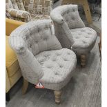 BEDROOM CHAIRS, a pair, in neutral buttoned fabric, French style on turned castor supports, 59cm W.