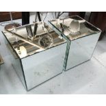 MIRRORED CUBES, a pair, bevelled on supports, 46cm x 46cm x 46cm H.