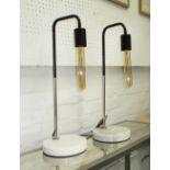 TABLE LAMPS, a pair, chrome tubular stems on white marble bases with tubular LED filament bulbs,