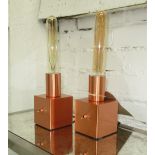 TABLE LAMPS, a pair, copper cube bases with flick switches and tubular LED filament bulbs, 30cm H.