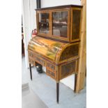 DESK, with rolled front glazed upper section and five drawers below on turned fluted supports,