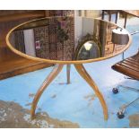 CENTRE TABLE, mid 20th century style walnut, the verre noire circular glass top on triform base,