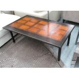 LOW TABLE, 1960's, parquetry top, on turned supports, 119cm x 71cm x 43cm H.