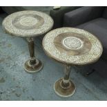 SIDE TABLES, a pair, circular with carved detail, 45cm x 61cm H.