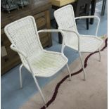 GARDEN DINING CHAIRS, a set of six, all with arms, with white metal frames and woven seats, 51cm W.