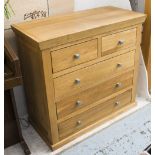 OAK CHEST, two short over three long drawers, 95cm x 45cm x 90cm H.