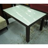 DINING TABLE, rectangular, extending with central darkwood leaf and frosted glass top,