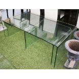 LOW TABLE, curved glass, with two side tables to match that fit under, 70cm D x 48cm H x 127cm W.