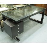 DIRECTOR'S DESK, contemporary style with exotic wood top and thick glass top with four drawers,