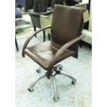 DESK CHAIR, in tanned leather on chromed metal swivel base, 56cm W.