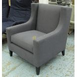 ARMCHAIR, in dark grey fabric on tapered dark wood supports, 79cm W.