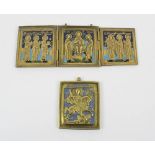 RUSSIAN TRIPTYCH ICON, brass and coloured enamels, 6.25cm H x 17.