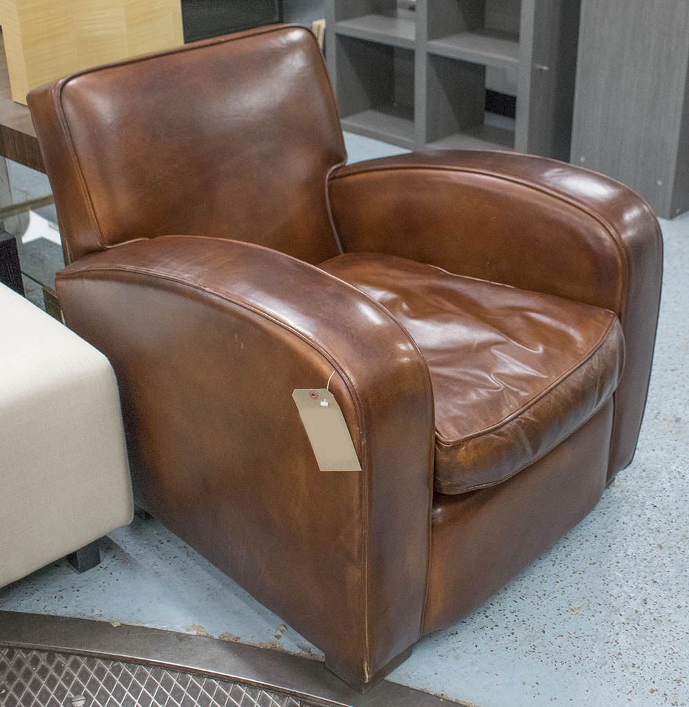 CLUB CHAIR, brown leather, Art Deco style, 81cm W x 87cm H x 84cm D.