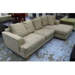 CORNER SOFA, in beige fabric on block supports, plus five cushions to match, 278cm x 163cm.