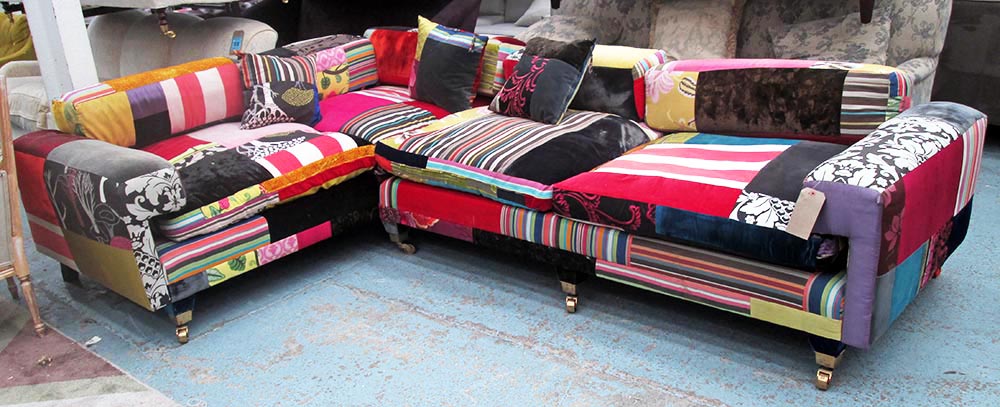 SQUINT CORNER SOFA, multicoloured patchwork fabric, in two sections,