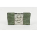 ASPREY 'CLIC CLAC' TRAVEL CLOCK, green lizard clad stainless steel, 9cm W (open) x 5cm H x 1.5cm D.