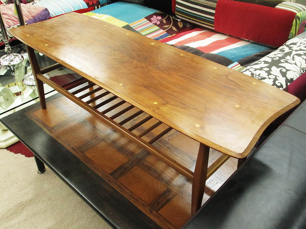 LOW TABLE BY EVEREST, 1960s walnut with sycamore inlay and lower rail tier on stretchered legs,