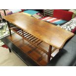 LOW TABLE BY EVEREST, 1960s walnut with sycamore inlay and lower rail tier on stretchered legs,