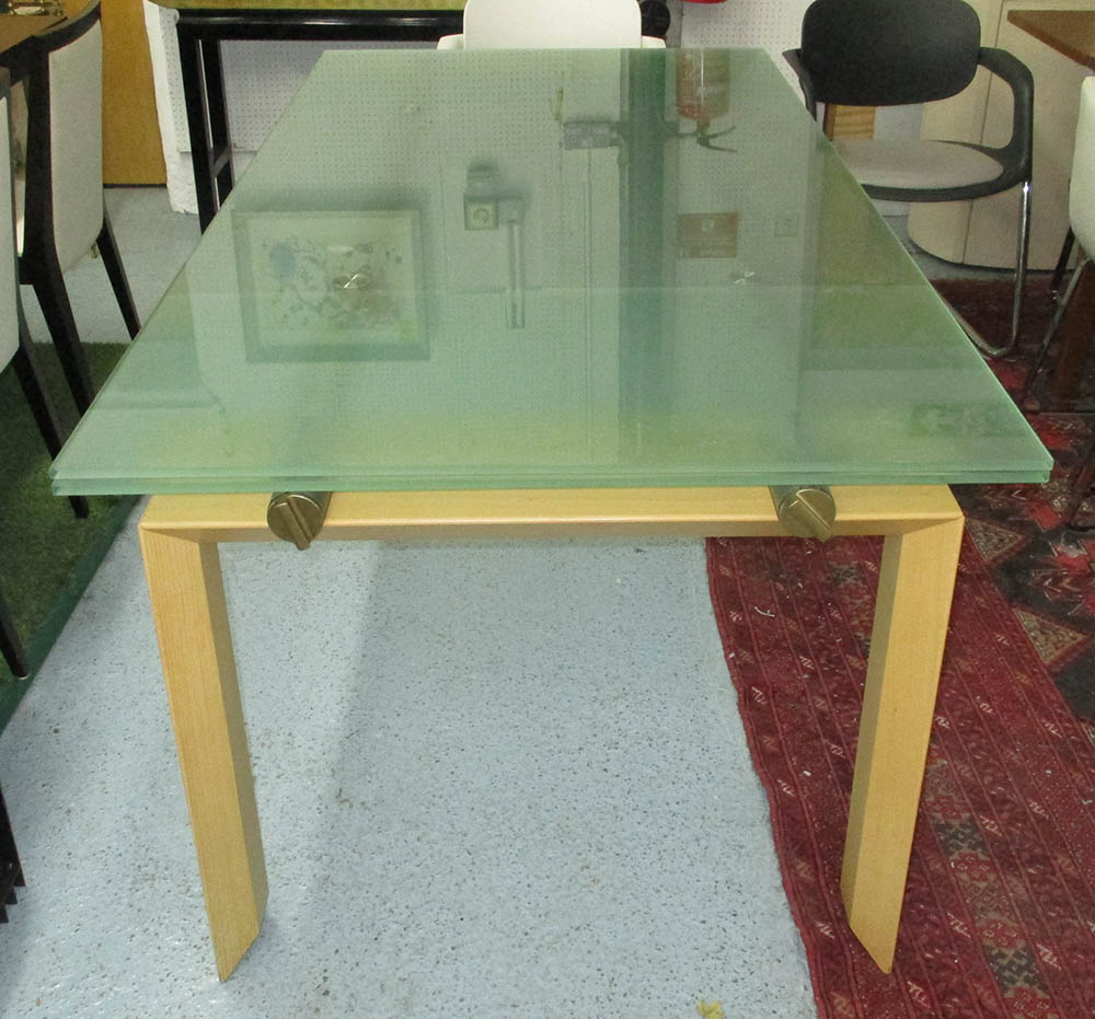 DINING TABLE BY DE SALTO extending with two leaves, opaque glass top on wooden supports,