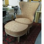 DUCHESSE BRISEE, grey painted in patterned terracotta fabric with matching stool chair, 102cm W.