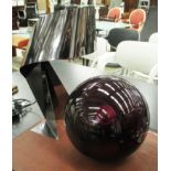 TABLE LAMP, of metal ribbon form, 50cm H and a spherical purple glass ball lamp, 32cm W.